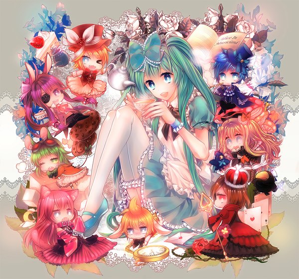 Anime picture 1000x934 with vocaloid alice in musicland (vocaloid) hatsune miku megurine luka kagamine rin kagamine len gumi kaito (vocaloid) meiko kamui gakupo lily (vocaloid) ayaya (wpfoal) long hair blush short hair open mouth blue eyes blonde hair smile red eyes