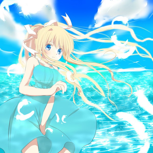 Anime picture 1000x1000 with air key (studio) kamio misuzu kayune niu (artist) single long hair blue eyes blonde hair cloud (clouds) wind girl water feather (feathers) sundress