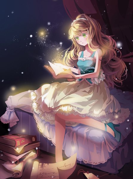 Anime picture 2231x3004 with original dreamy (artist) single long hair tall image highres brown hair sitting bare shoulders green eyes looking away high heels girl dress book (books) paper