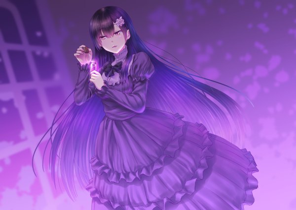 Anime picture 1200x854 with original ese shinshi single long hair looking at viewer open mouth black hair purple eyes hair flower girl dress hair ornament flower (flowers)