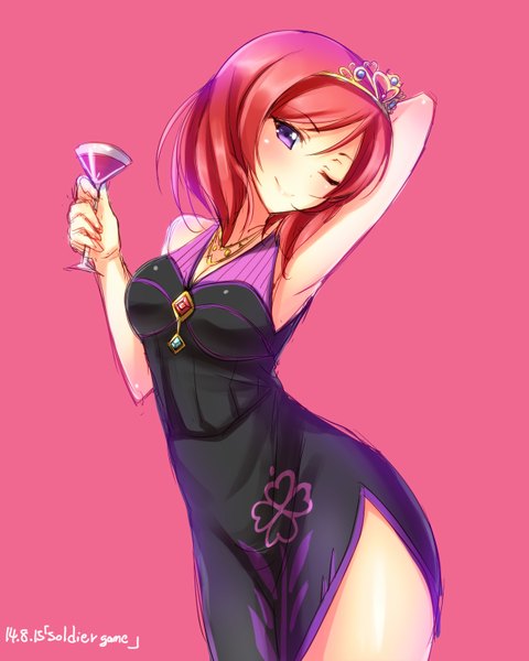 Anime picture 1240x1550 with love live! school idol project sunrise (studio) love live! nishikino maki yu-ta single tall image looking at viewer blush short hair simple background smile purple eyes bare shoulders red hair one eye closed wink inscription armpit (armpits) pink background