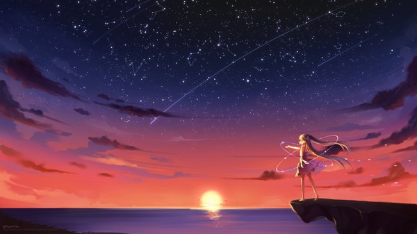 Anime picture 3840x2160 with vocaloid hatsune miku kyuri tizu single long hair highres smile wide image twintails absurdres sky cloud (clouds) profile barefoot aqua eyes aqua hair evening sunset constellation meteor rain