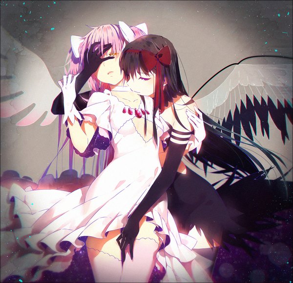 Anime picture 1100x1065 with mahou shoujo madoka magica shaft (studio) akemi homura kaname madoka goddess madoka akuma homura hakusai (tiahszld) long hair looking at viewer open mouth light erotic black hair purple eyes multiple girls yellow eyes pink hair shoujo ai girl thighhighs dress