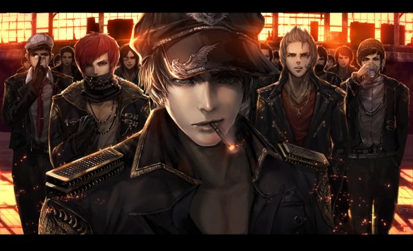 Anime picture 1301x792 with original jname looking at viewer short hair blonde hair wide image red hair sunlight multiple boys grey eyes tattoo letterboxed scar group hands in pockets smoking drinking boy gloves hat