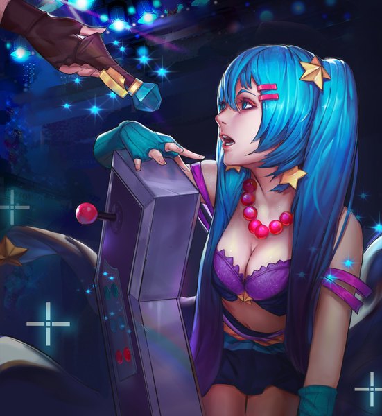 Anime picture 1500x1634 with league of legends sona buvelle arcade sona (league of legends) rabbit (tukenitian) long hair tall image fringe breasts open mouth blue eyes light erotic twintails blue hair purple hair multicolored hair gradient hair eyebrows gloves hair ornament lingerie