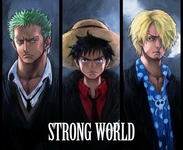 Anime picture 1000x819 with one piece one piece: strong world toei animation monkey d. luffy roronoa zoro sanji boyaking(sbf) fringe short hair black hair blonde hair looking away green hair hair over one eye scar multiview open collar polka dot smoking column lineup