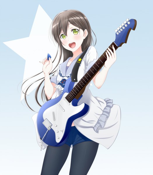 Anime picture 875x1000 with bang dream! hanazono tae roaru (gyuren) single long hair tall image looking at viewer blush open mouth black hair green eyes :d gradient background girl pantyhose shorts black pantyhose star (symbol) short shorts musical instrument