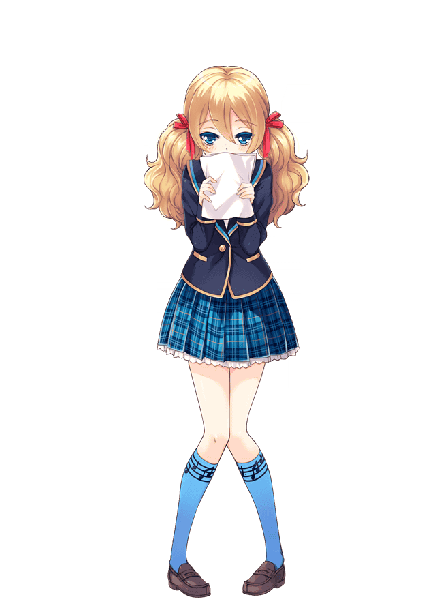 Anime picture 640x880 with girlfriend (kari) shiratori shiori qp:flapper single long hair tall image looking at viewer blush blue eyes blonde hair hair between eyes twintails full body official art embarrassed low twintails transparent background covered mouth knees touching girl