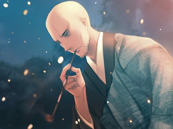 Anime picture 1000x750 with porigon single traditional clothes light smoke smoking bald boy