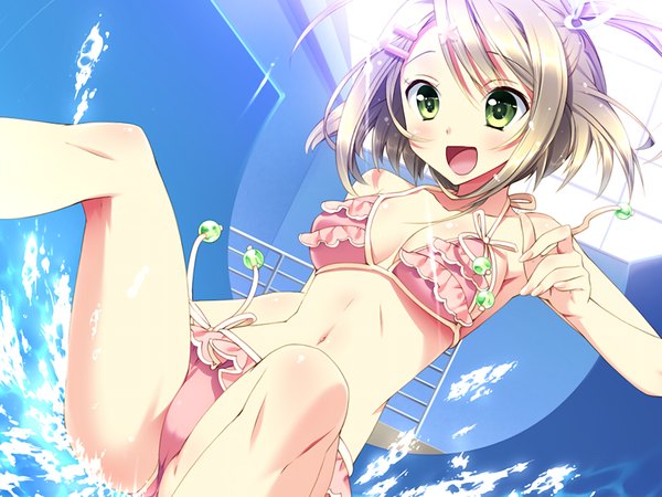 Anime picture 1024x768 with relations sister x sister ise haruka kamiya maneki short hair open mouth light erotic blonde hair green eyes game cg girl swimsuit bikini water