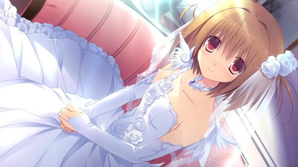 Anime picture 1280x720 with yumeiro alouette! asagiri mihane takanae kyourin single looking at viewer short hair smile red eyes brown hair wide image bare shoulders game cg hair flower girl dress hair ornament detached sleeves wedding dress
