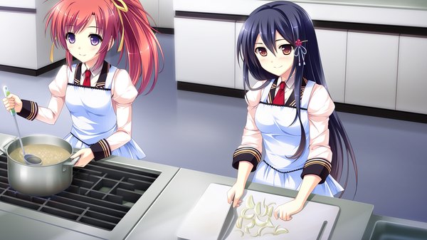 Anime picture 1920x1080 with mote sugite shuraba na ore (game) kuonji aoi katakura saki sayori yuuki rika long hair looking at viewer highres wide image purple eyes multiple girls brown eyes blue hair game cg ponytail red hair hair flower cooking girl uniform