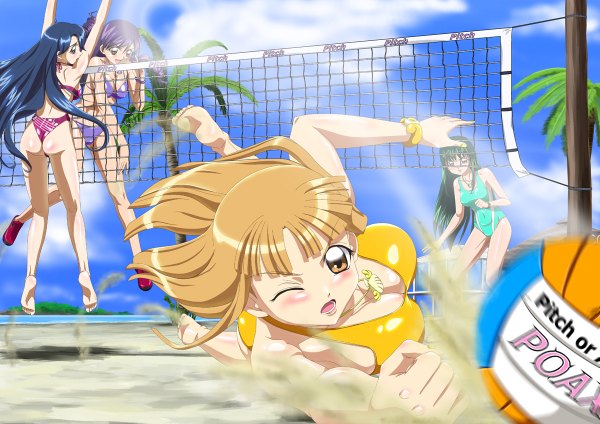 Anime picture 1200x848 with mermaid melody pichi pichi pitch touin rina caren (mermaid melody pichi pichi pitch) coco (mermaid melody pichi pichi pitch) noel (mermaid melody pichi pichi pitch) long hair light erotic multiple girls one eye closed wink jumping falling volleyball girl swimsuit plant (plants) tree (trees) 4 girls palm tree beachball
