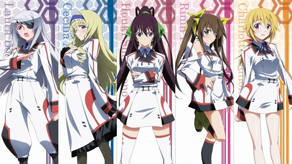 Anime picture 1920x1080 with infinite stratos 8bit charles dunois laura bodewig cecilia orcott shinonono houki fang linyin long hair blush highres blue eyes black hair blonde hair smile red eyes brown hair wide image purple eyes twintails multiple girls