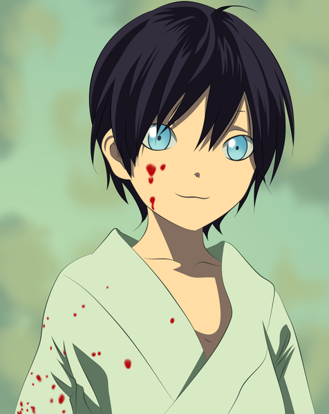 Anime picture 1586x2000 with noragami studio bones yato (noragami) osama00 single tall image looking at viewer fringe short hair blue eyes black hair simple background hair between eyes upper body ahoge traditional clothes japanese clothes light smile :3 blood on face