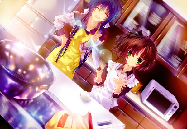 Anime picture 1024x709 with original zen99 long hair short hair open mouth black hair multiple girls green eyes blue hair eyes closed cooking girl 2 girls apron knife