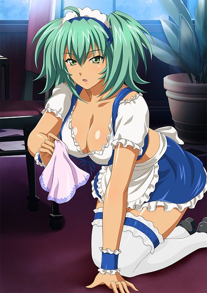 Anime picture 600x849 with ikkitousen ryofu housen single tall image looking at viewer short hair breasts open mouth light erotic twintails green eyes green hair maid short twintails girl thighhighs uniform white thighhighs headdress maid headdress