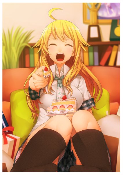Anime picture 1200x1697 with idolmaster hoshii miki hitoto single long hair tall image open mouth blonde hair sitting ahoge eyes closed blurry depth of field feeding girl skirt miniskirt socks sweets black socks
