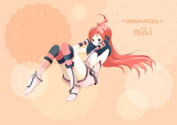 Anime picture 1400x991 with vocaloid miki (vocaloid) long hair smile sitting brown eyes ahoge red hair inscription sleeveless orange background girl thighhighs boots striped thighhighs