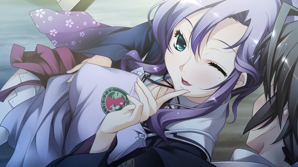 Anime picture 1280x720 with appare! tenka gomen katagiri hinata long hair open mouth wide image green eyes game cg purple hair one eye closed wink girl
