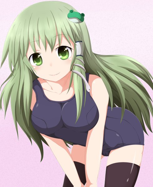 Anime picture 1967x2400 with touhou kochiya sanae masa masa single long hair tall image looking at viewer highres light erotic smile green eyes green hair girl thighhighs hair ornament black thighhighs swimsuit hair tubes