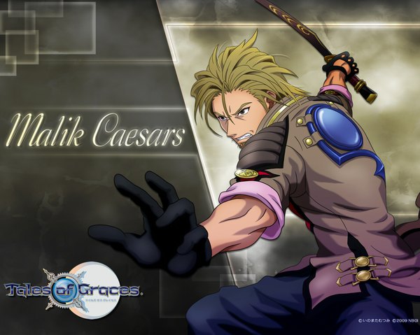 Anime picture 1984x1587 with tales of graces malik caesars single highres short hair blonde hair brown eyes inscription grin boy gloves weapon beard