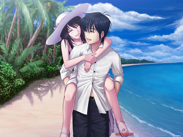 Anime picture 1000x750 with original shin arc long hair short hair open mouth black hair smile sky cloud (clouds) eyes closed couple beach ^ ^ ^o^ girl boy plant (plants) hat shirt tree (trees)