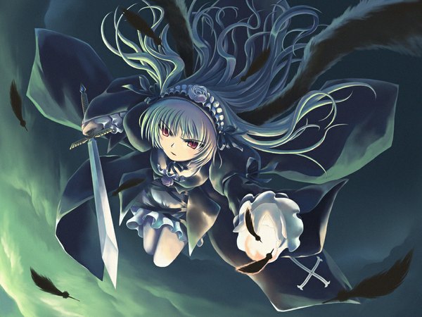 Anime picture 1024x768 with rozen maiden suigintou ranranloo single looking at viewer fringe red eyes payot cloud (clouds) bent knee (knees) parted lips grey hair wide sleeves floating hair outstretched arm dark background flying black wings girl dress