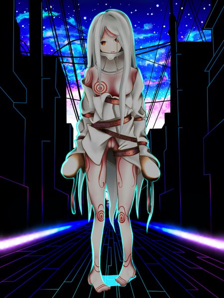 Anime picture 1200x1600 with deadman wonderland shiro (deadman wonderland) tokoroten (hmmuk) shinta (hmmuk) single long hair tall image light erotic red eyes standing white hair night girl belt building (buildings) collar