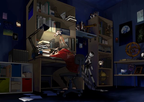 Anime picture 3508x2480 with original kuronokuro single highres absurdres barefoot night sleeping milky way boy book (books) toy chair t-shirt paper shelf bookshelf planet picture box