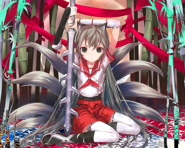 Anime picture 1280x1024 with original fox girl girl sword tagme