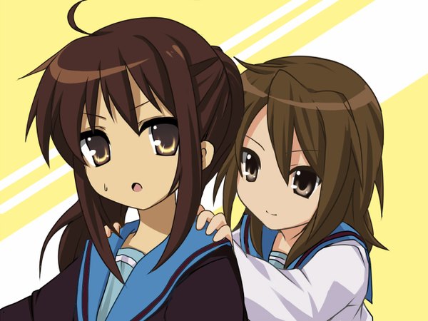 Anime picture 1280x960 with suzumiya haruhi no yuutsu kyoto animation koizumi itsuki kyonko koizumi itsuki (female) wallpaper genderswap pushing girl uniform school uniform