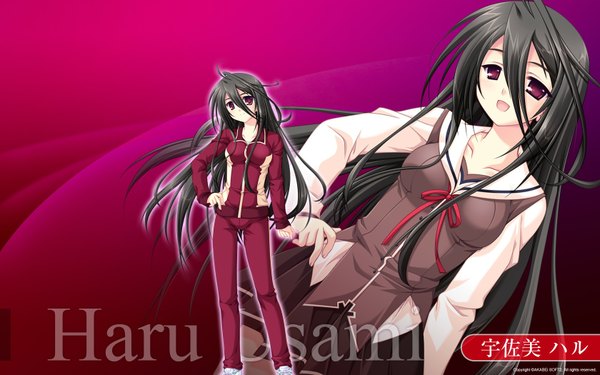 Anime picture 1680x1050 with g senjou no maou usami haru long hair black hair red eyes wide image pink background girl uniform serafuku gym uniform