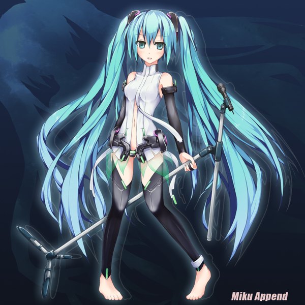 Anime picture 1400x1400 with vocaloid vocaloid append hatsune miku hatsune miku (append) toshizaki shouma (artist) single long hair twintails very long hair barefoot aqua eyes aqua hair girl detached sleeves microphone microphone stand