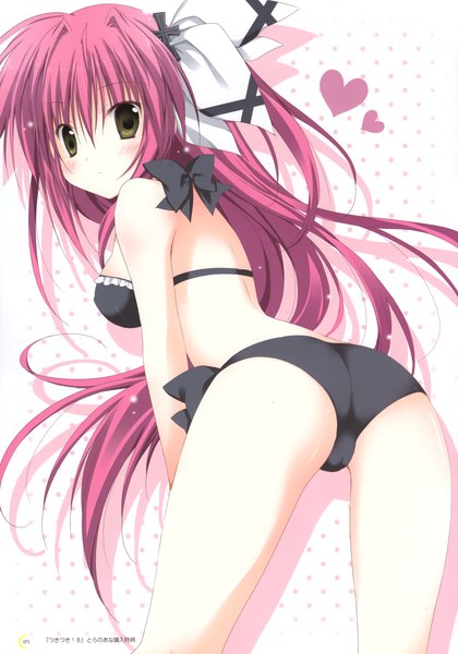 Anime picture 2448x3499 with tsuki tsuki! orangelo machina korie riko single long hair tall image looking at viewer blush fringe highres light erotic hair between eyes bare shoulders brown eyes pink hair ass looking back bare legs shadow leaning