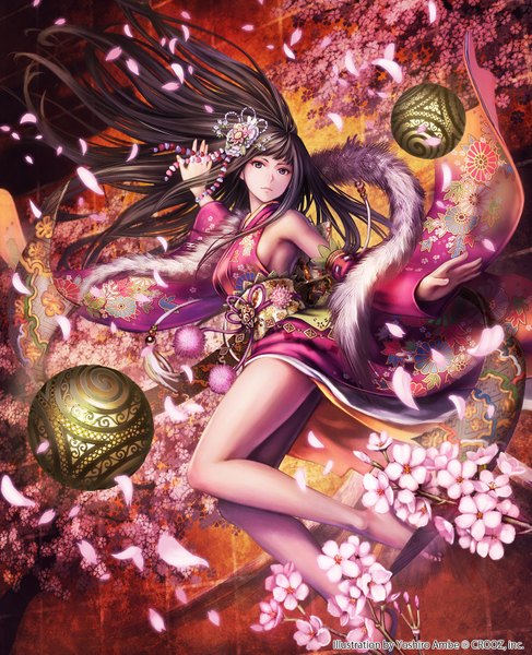 Anime picture 1300x1600 with shinma x keishou! ragnabreak original anbe yoshirou single long hair tall image looking at viewer black hair traditional clothes japanese clothes black eyes bare legs girl hair ornament flower (flowers) detached sleeves petals kimono fur obi