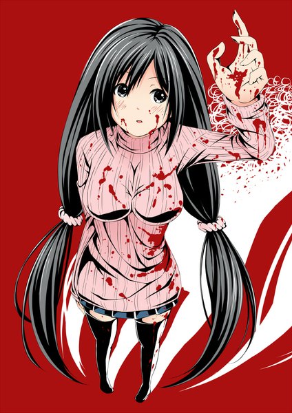 Anime picture 706x1000 with original creek (moon-sky) single long hair tall image looking at viewer blush open mouth black hair black eyes girl thighhighs black thighhighs blood sweater