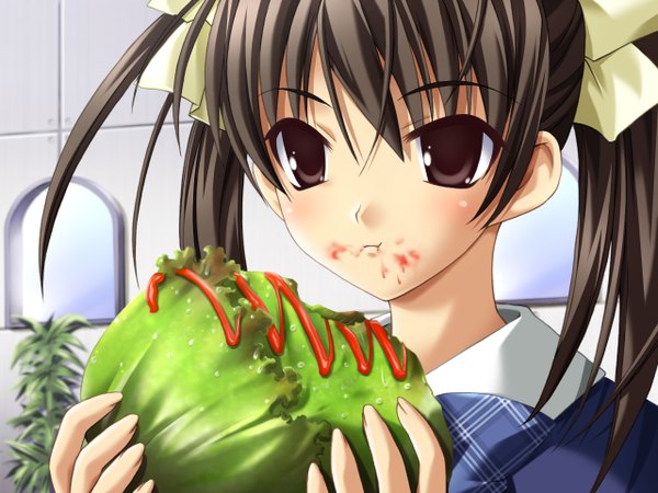 Anime picture 1280x960 with ever 17 matsunaga sara brown hair twintails game cg wallpaper eating ribbon (ribbons) food lettuce