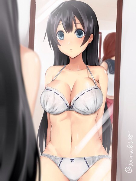 Anime picture 900x1200 with kantai collection noshiro light cruiser agano light cruiser sakiryo kanna long hair tall image blush fringe breasts blue eyes light erotic black hair brown hair large breasts standing multiple girls holding indoors copyright name underwear only