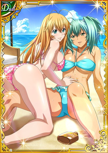 Anime picture 567x800 with ikkitousen sonsaku hakufu ryofu housen long hair tall image looking at viewer fringe breasts light erotic blonde hair hair between eyes large breasts twintails multiple girls green eyes sky cloud (clouds) ahoge aqua eyes green hair