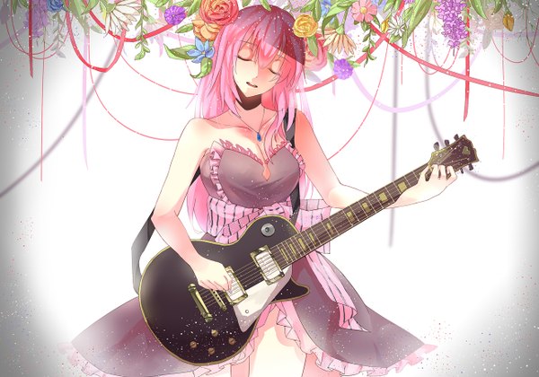 Anime picture 1300x912 with vocaloid megurine luka zi roland single long hair fringe breasts open mouth simple background large breasts standing bare shoulders holding pink hair cleavage eyes closed girl dress flower (flowers) ribbon (ribbons)