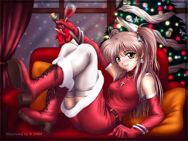 Anime picture 1024x768 with original r (artist) single long hair looking at viewer breasts smile brown hair yellow eyes full body indoors two side up christmas soles reclining lacing girl thighhighs dress gloves