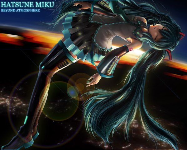 Anime picture 2000x1600 with vocaloid hatsune miku forfreedo (artist) long hair highres twintails green eyes green hair dark background girl