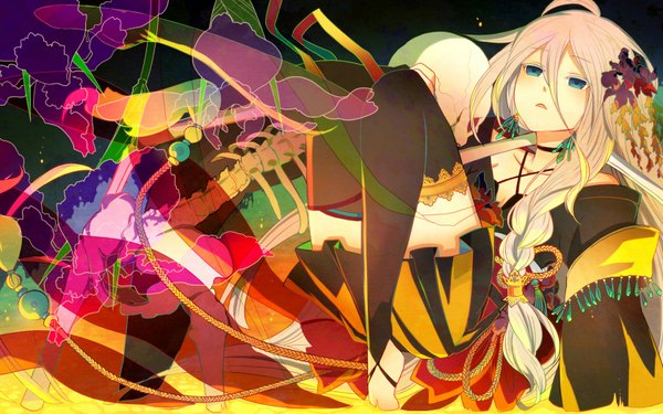 Anime picture 1680x1050 with vocaloid ia (vocaloid) single long hair open mouth blue eyes blonde hair wide image lying braid (braids) traditional clothes hair flower no shoes skeleton abstract girl thighhighs hair ornament flower (flowers) black thighhighs