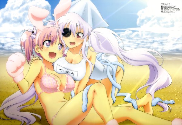 Anime picture 5950x4097 with senran kagura megami magazine yagyuu (senran kagura) hibari (senran kagura) long hair blush highres short hair open mouth blue eyes light erotic red eyes twintails multiple girls pink hair absurdres white hair official art bunny ears beach