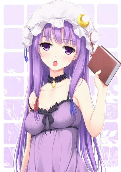 Anime picture 708x1000 with touhou patchouli knowledge tokugawa landine single long hair tall image looking at viewer open mouth purple eyes purple hair girl book (books) bonnet nightie moon (symbol)