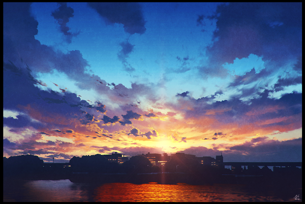 Anime picture 1222x821 with original mocha (cotton) signed sky cloud (clouds) sunlight shadow evening sunset no people framed scenic building (buildings) sun