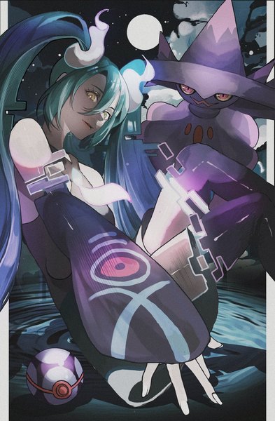 Anime picture 1340x2048 with pokemon vocaloid nintendo project voltage hatsune miku mismagius ghost miku (project voltage) reo (mmocc123) single long hair tall image looking at viewer fringe hair between eyes sitting twintails yellow eyes fingernails aqua hair outside border