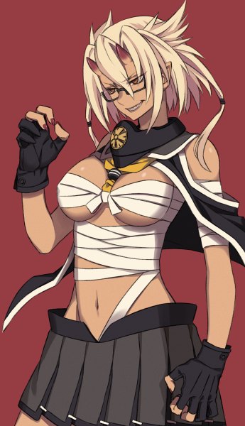 Anime picture 690x1200 with kantai collection musashi super battleship sora yoshitake yuda single tall image fringe short hair breasts light erotic simple background smile hair between eyes red eyes large breasts looking away white hair nail polish pleated skirt horn (horns) pointy ears