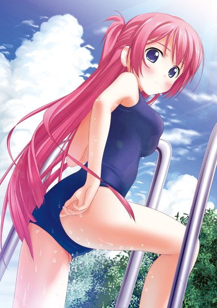 Anime picture 1280x1810 with single long hair tall image blush blue eyes light erotic pink hair cloud (clouds) wet girl swimsuit one-piece swimsuit school swimsuit